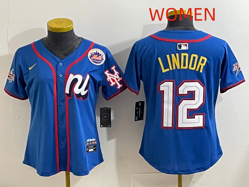 Women 2025 New York Mets 12 Lindor Blue All star Nike MLB Jersey style 012